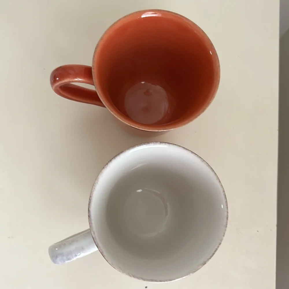2 Pottery Barn Coffee Mugs Handcrafted in Portugal Terracotta/ Rust White